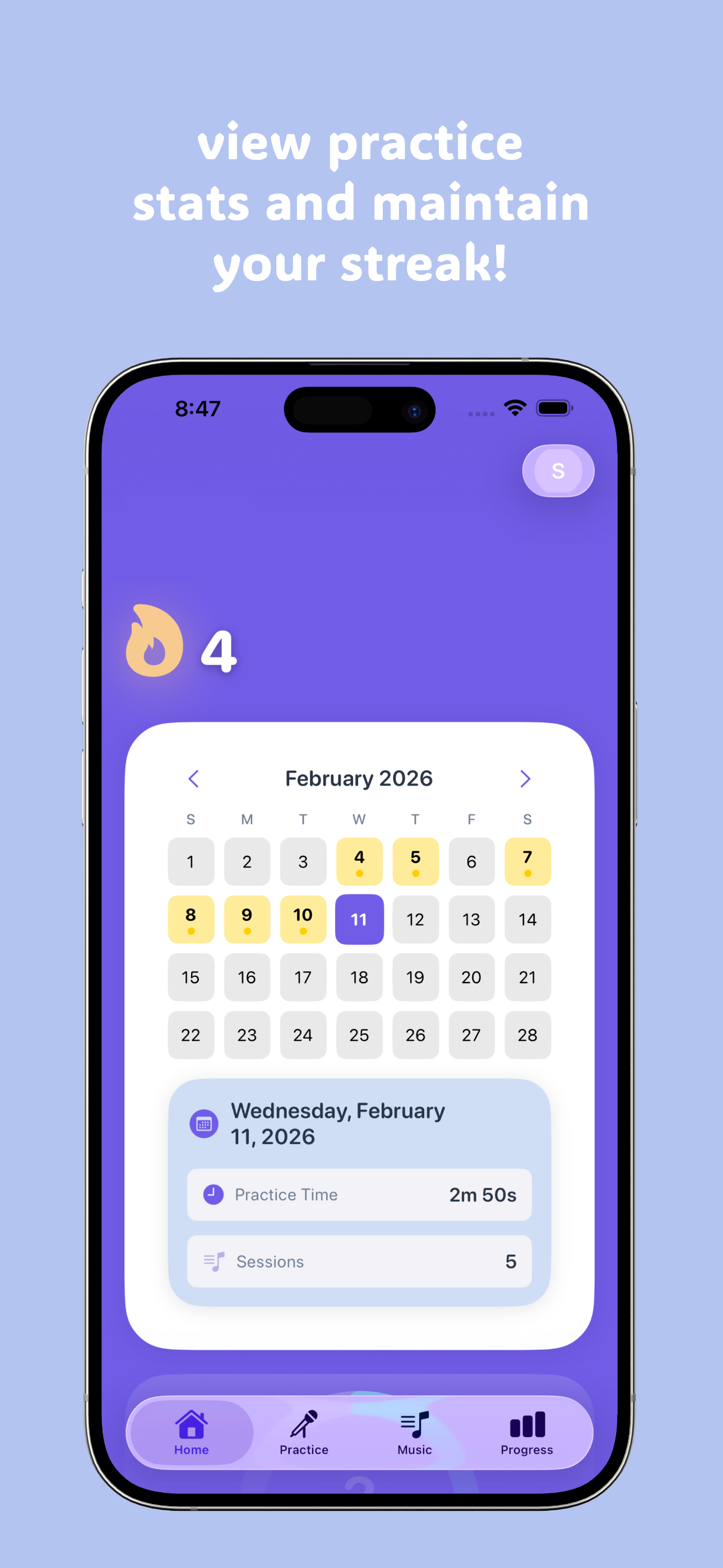 Aimelo app showing practice calendar and streak tracking